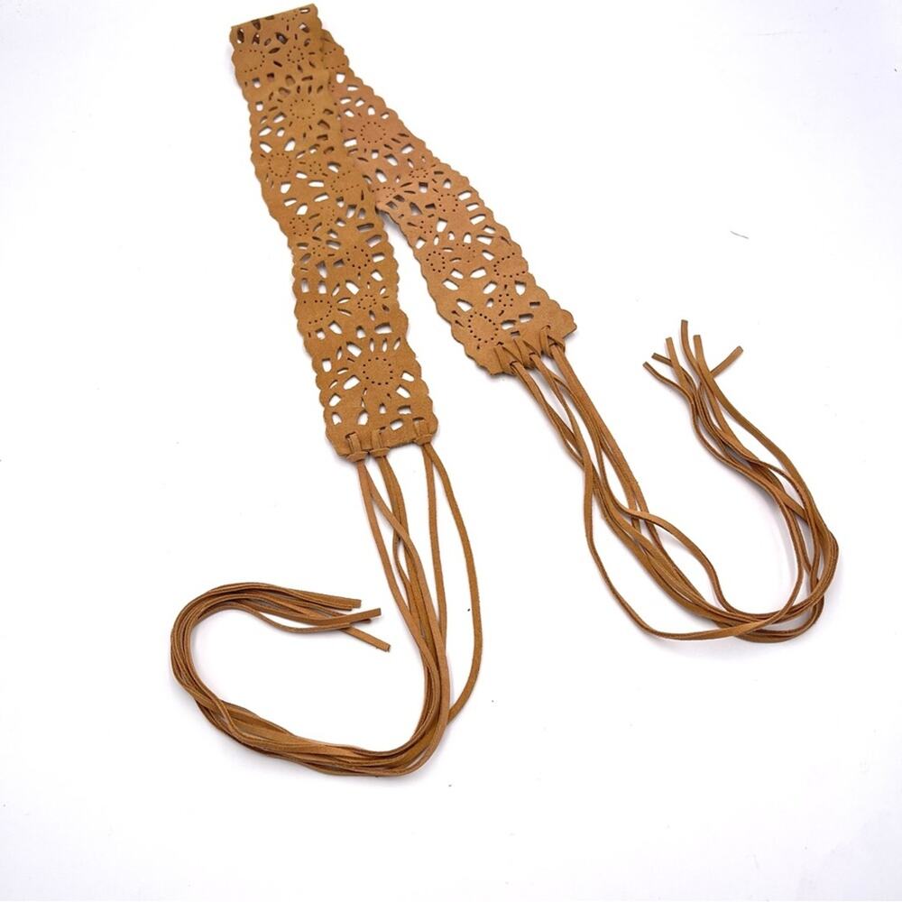BOHO women's suede leather laser cut fringe hippie festival belt